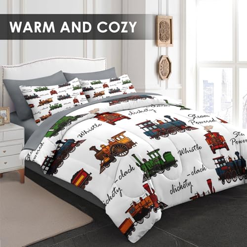 WeCozy Queen Comforter Set with Sheets, 7 Pieces Boy Cartoon Bedding | Bed in A Bag for All Season, Steam Train Cute Children Vehicle, 2 Pillowcases & 2 Shams for Kids and Adults - color: Cartoon Train, size: Queen