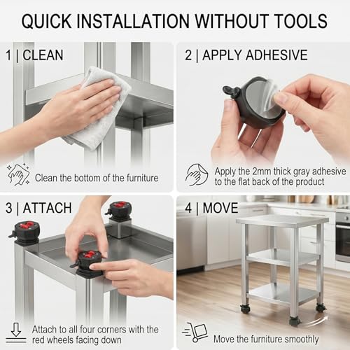 Self-Adhesive Furniture Wheels, 360° Swivel Mini Casters, Silent Rollers for Small Cabinets, Desks, Shelves, Boxes – Single Wheel Load 44lbs, Black (4, Black)