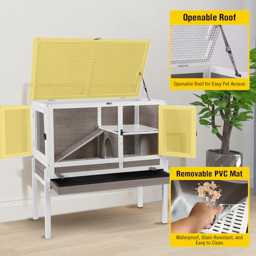 Aivituvin 2-Story Indoor Rabbit Hutch Guinea Pig Cage with Stand, Wooden Bunny Cage Small Animal Cages with Chew-Proof Ramp, Pull-Out Tray & Leakproof PVC Layer (Brown) - color: (Brown)