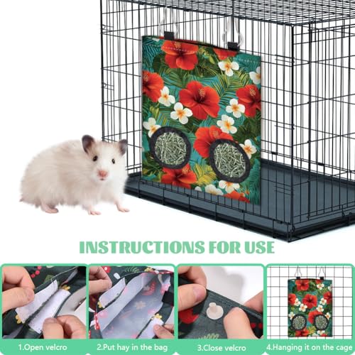 2Pcs 2 Styles Guinea Pig Hay Feeder Rabbits 11.6 x 9.1 Inch Tropical Flowers Design, Hanging Hay Holder Cloth Washable Feeding Storage Bag with 2 Holes for Rabbit Bunny Chinchillas Hamsters - color: Flower-2