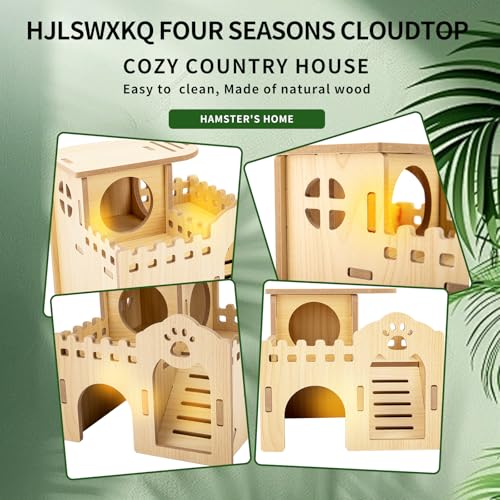Natural Wood Hamster Habitat Hideout Cage Accessories, Maze Cabin with Fun Slide & Double-Decker House, Exercise Toys for Dwarf Hamsters, Gerbils, Mice, Other Small Animals(Only for Small Hamster D)