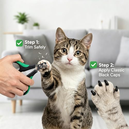joyous 120pcs Black Kitten Cat Nail Caps Original Factory Set with Cat Nail Clipper-Soft Paws Cat Claw Covers for Indoor Kitty, Anti-Scratch and Protects Furniture & Skin, Cat Nail Covers (M) - size: M