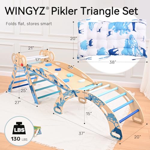 Pikler Triangle Set, Montessori 8-in-1 Climbing Set with Cushion | Wood Jungle Gym for 18M-5Y, Foldable, Reversible Animal Slide, Patent-Protected, 2.35in Gap, ASTM F963, Blue - color: Blue