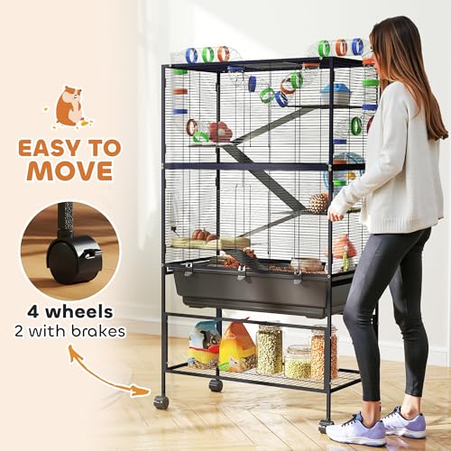 PawHut Large Hamster Cage with Deep Tray, 5 Tier for Syrian Gerbil Mouse | Rolling Rat Cage, Storage Shelf, Big Exercise Wheel, Tube System, Hut, Platforms, Ramps, Food Dish, Water Bottle - size: 32.3"L x 18.1"W x 59.1"H