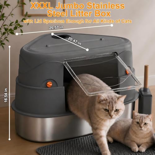 Gimars XXXL Stainless Steel Enclosed Corner Cat Litter Box with Lid, Triangle Design 27" x 20" x 17", High Sided Metal Enclosure for Large Cats, Space Saving Odor Control System