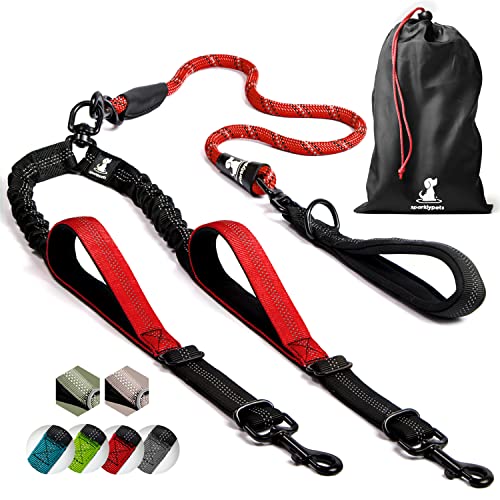 Double Dog Bungee Rope Leash - Dual Dog Lead for Medium and Large Breeds - Padded Handles, No Tangle - Flow Leash, 2 Dogs Walking Accessory - color: Red