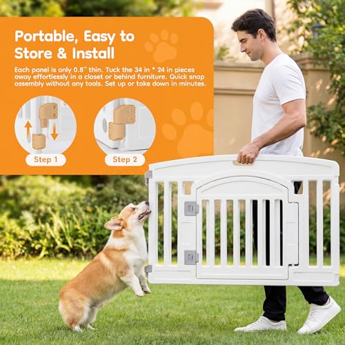 NEWBULIG Dog Playpen 6-Panel, 24IN Puppy Playpen, Stable Dog Play Pen Indoors/Outdoor with Secure Locking Door, Plastic Pet Fence for Small & Medium Dogs | Portable, Secure Locking Door, Indoor Outdoor Yard RV Camping, Small Medium Dogs, White - color: Wh