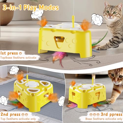 Automatic Cheese-Shaped Interactive Cat Toy – Flying Bird, 6-Hole Mole & Rotating Feather | USB Rechargeable Electronic Feather Toy for Indoor Adult Cats & Kittens, Relieves Boredom | Cheese-shaped non-slip base, 3 play modes, USB-C rechargeable 1200mAh b
