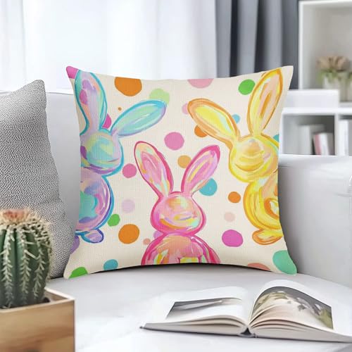 Easter Bunny Pillow Covers 18x18 Inch Colorful Rabbits Blue Pink Yellow Throw Pillows for Couch Soft Durable Cushion Covers Spring Holiday Pillow Cases for Bed Sofa Decor Set of 2 - color: Easter-colorful Bunny, size: 18" x 18" (Pack of 2)