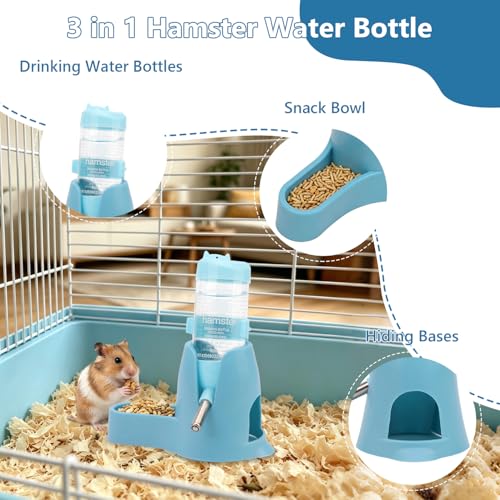 Litewoo 3 in 1 Hamster Water Bottle Small Animal Water Bottle with Food Container Base Hut Hanging Pet Automatic Feeding Drinking Dispenser for Dwarf Hamster Rats Mouse Gerbil Mice - color: Blue, size: 80ml