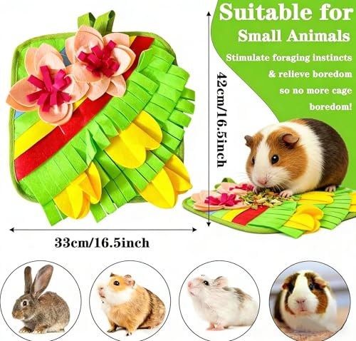 Rabbit Snuffle Mat, Interactive Foraging Pad for Small Pets, Anti-Slip Felt Feeding Mat for Bunny, Hamster, Guinea Pig, Ferret, Machine Washable Boredom Relief Toy (Floral)