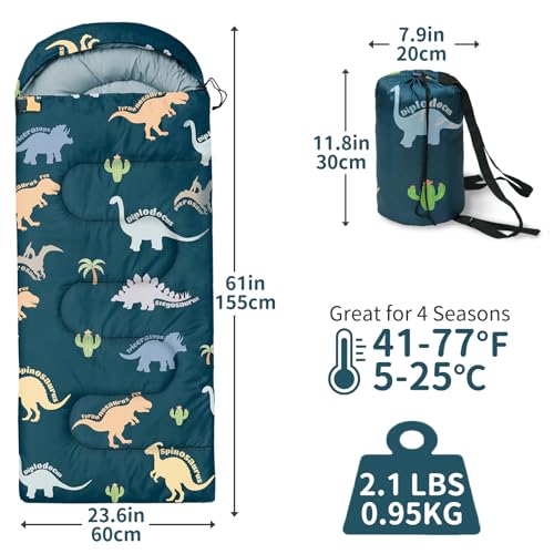 Kids Sleeping Bags - Camping Sleeping Bags with Carry Bag - Compact Sleeping Bag for Hiking, Backpacking 3 Season Warm & Cool Weather, Lightweight Waterproof Outdoor Travel for Boys Girls - color: Green Dinosaur