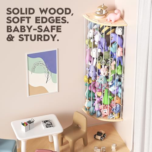 Stuffed Animal Storage Wood Corner Plush Toys Holder with Star Pattern, Length Adjustable Hanging Stuffed Animal Toy Organizer Shelf for Nursery Play Room Bedroom Kid Room