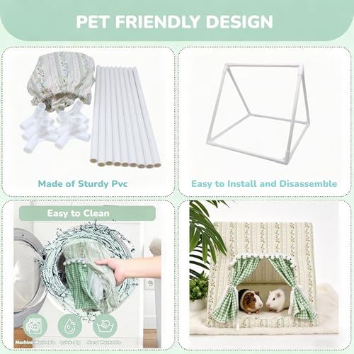 Guinea Pig Bunny Hideout with Cute Curtain,Small Animal Hideout for Rabbit Hamsters Squirrel Ferrets Chinchilla and Rats,Machine Washable Guinea Pig Hide Tent Houses(Large,No Mat)
