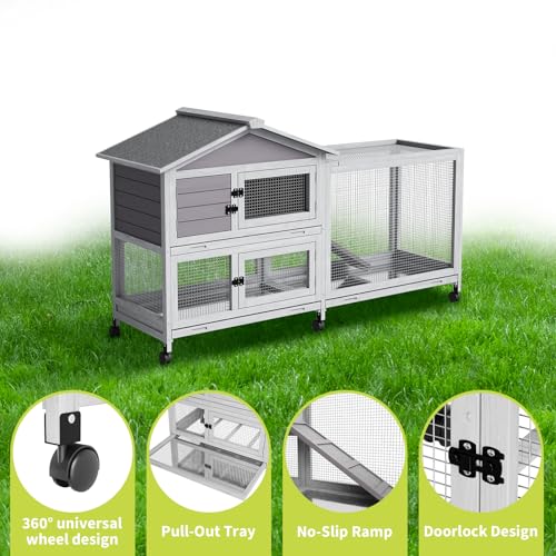Garvee Wooden Rabbit Hutch, Bunny Cage with Wheels, Rabbit Cage with Chew-Proof Ramp and Pull Out Tray, Small Rabbir House for Guinea Pigs, Rabbit, Indoor Outdoor Use