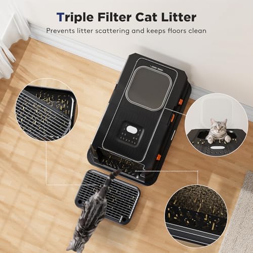 FURTIME Stainless Steel Litter Box with Lid, Enclosed Metal Cat Litter Box | XL Extra Large, Cat Box with High Sided Enclosure & Scoop, Big Cats, Front & Top Entry, Odor Free, Anti-Leakage, Black - color: Black, size: X-large