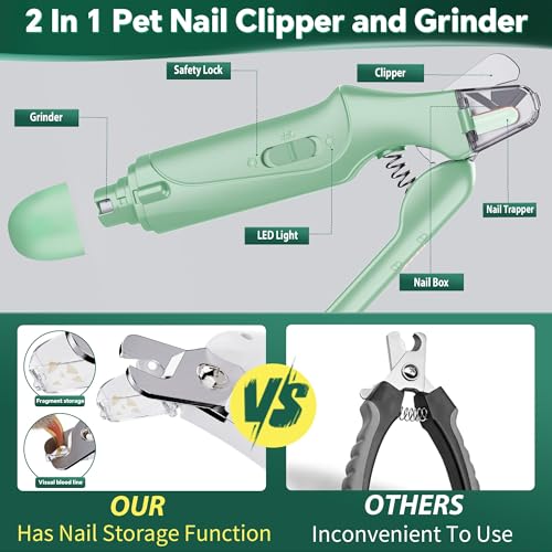 2 in 1 Dog Nail Clippers & Cat Nail Clippers Trimmers for Large Medium Small Dogs Cats Claw Trimmer Quick Sensor and Safety Guard USB Rechargeable Dogs Nail Trimmer with Catcher & 2 LED Lights - color: Green