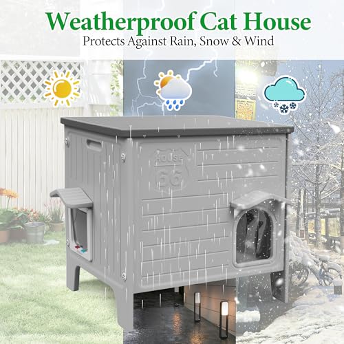 Cat House Outdoor Weatherpoof Plastic Cat Shelter Outside | with Escape Door Indoor Waterproof Feral/Pet Cat Houses for Puppy, Rabbit(Grey) - style: Standard