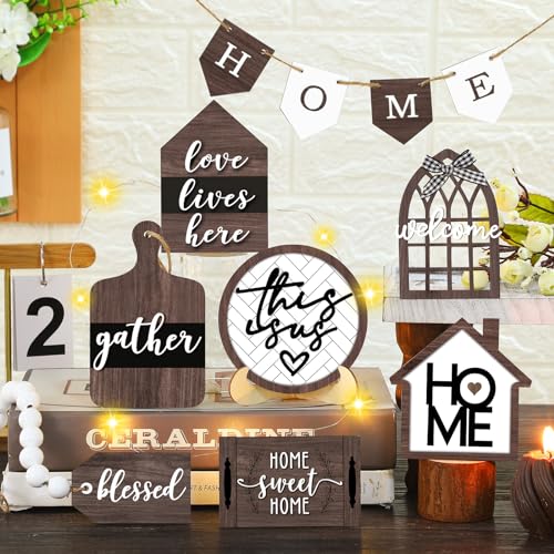 FairySandy 11 Pcs Home Tiered Tray Decor Spring Rustic Farmhouse Tiered Tray Decorations Set Home Wooden Signs Vintage Farm Animal Farmhouse Tabletop Wood Signs for Kitchen Table Shelf Decor - style: Brown Style