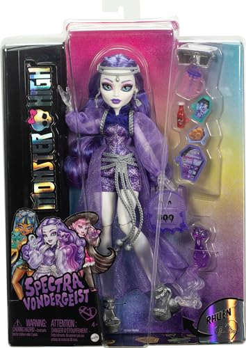 Monster High Spectra Vondergeist Doll | Ghost in Purple Clothes, Includes Pet Ferret Rhuen, 7 Accessories like Backpack, Tablet, Snacks and More (Amazon Exclusive) - style: Spectra Vondergeist