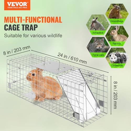 VEVOR Live Animal Cage, 24" x 8" x 8" Humane Cat Cage Galvanized Iron, Folding Animal Cage with Handle - size: 24" x 8" x 8"
