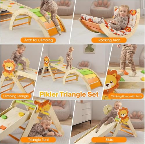 Pikler Triangle Set with Cushion, 7 in 1 Toddler Climbing Toys Indoor | Foldable Space-saving Design, Montessori-inspired Learning, Reversible Slide & Ramp, ASTM F963 Standards for Toddlers 18M-5Y - color: Lion
