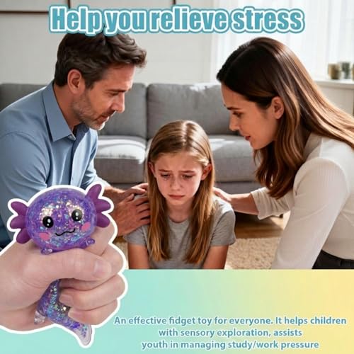 3.94 in Purple Glitter Crawling Axolotl Squishy Slow Rising | Soft TPR, Floating Glitter, squeeze toy, busy hands, stress relief, focus support, home, class, travel, kids and adults - color: Purple