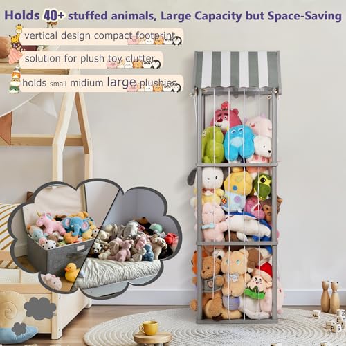 Wooden Stuffed Animal Storage Zoo 3-Tier, Anti-Tip Plush Toy Organizer | Large Capacity Stuffed Animal Organizer Holds 40+ Plushies, Anti-Tip Vertical Corner Toy Holder for Kids Nursery - color: Gray, size: Large