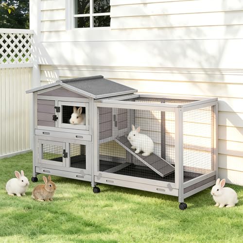 Gutinneen Large Indoor Rabbit Hutch Bunny Cage with Chew-Proof Ramp, Locking Leak-Proof Trays - Outdoor 62" Wooden Rabbit Cage with 6 Wheels for Rabbits, Guinea Pigs, Small Animals (Grey) - size: 62.0"L x 22.6"W x 33.5"H