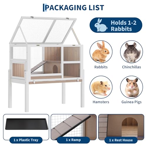 Garvee Wooden Guinea Pig Cage Indoor with Stand, 2-Story Rabbit Hutch Cage | 38" Hamster Hutch, Ramp & Hideout, Clear Vision, Leak-Proof Pull-Out Tray, Lockable Door, Bunny Habitat Grey - color: Grey