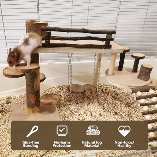 Wooden Hamster Playground & Activity Set, Hamster Climbing Toy, with Platform, Bridge, and Ladders for Small Pets (Wooden)