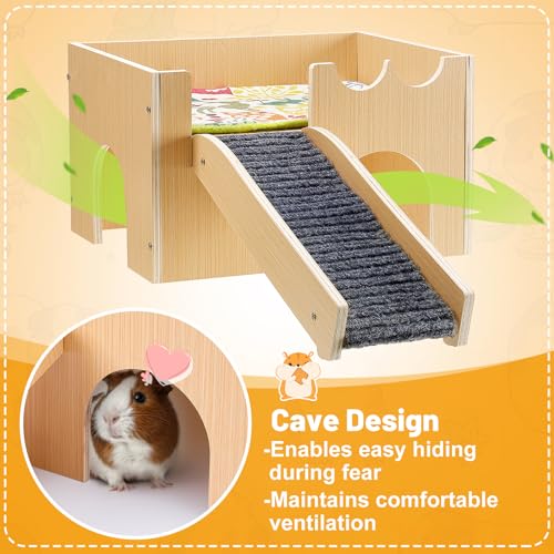 MEWTOGO Upgraded Sturdy Wooden Guinea Pig Castle with Stairs & Mat | Easy to Assemble, Sturdy, Playing Hiding House, for Hamsters Bunny Chinchillas Small Animals - size: Small