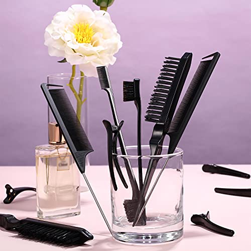 Remerry Hair Brush Set, 12 Pieces Nylon Brushes Including 3 Row Salon Teasing Brushes, Double Sided Edge Brush, Rat Tail Combs, Duckbill Clips for Women Girls - Black - color: Black