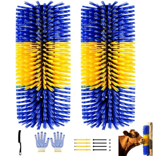 2 Packs Livestock Scratching Brush, Goat Brush Horse Grooming Kit | Stiff Bristle, Itch Relief, Self-grooming, Full Massage, Livestock Scratch Brush Set with 8 Screws, Cleaning Tool and Gloves - color: Blue