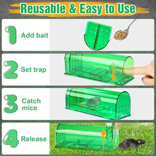 4 Pcs Humane Live Mouse Traps No Kill Reusable Mice Trap Catch | Green, PC Material, Reusable Capture & Release, Use for Home, Waterproof - size: 4 Pack