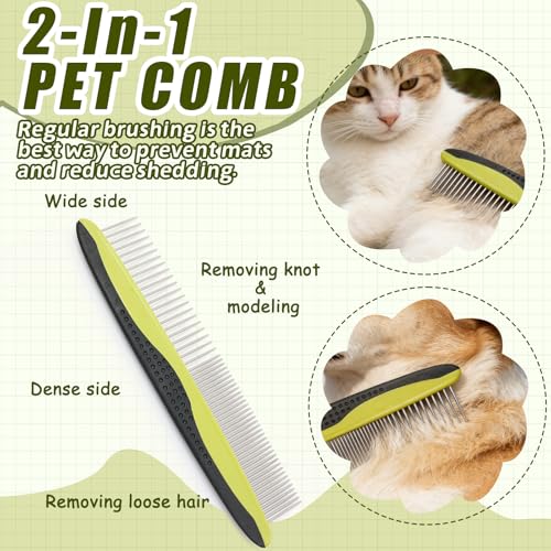 2-in-1 Pet Grooming Brush & Undercoat Rake, Double-Sided Hurtless Dematting Comb for Dogs & Cats, Universal Detangling, Shedding & Slicker Brush, Pet Grooming Tool for Removing Old Hair (Green)
