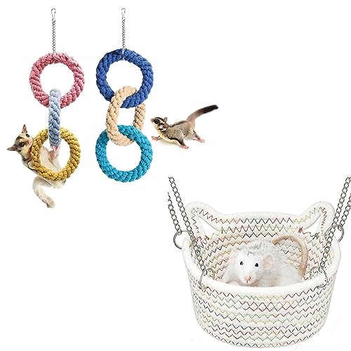 JWShang 2 Pack Sugar Glider Climbing Rope Toys, Sugar Glider Cage Accessories and Toys, Rat Hammocks for Cage Chew Proof, Rat Warm Bed, Small Animal Hanging Hammock