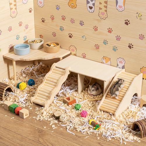 BreezeHug 4 Pcs Hamster Cage Accessories Hamster Platform Hideout Wooden Tunnel Ladder Playhouse Game Climbing Toy with Platform for Pets Dwarf Syrian Mice Degus Gerbils Squirrel(Peek) - style: Peek