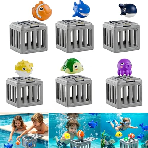 Pool Diving Toys, Underwater Swim Game Set with 6 Floating Sea Animals & 6 Dive Cages, Colorful Animal Pool Sinkies Swimming Training Game, Summer Water Toys Set Fun Outdoor Swim Lake Beach