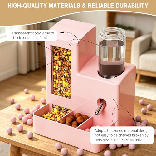 Hamster Water Bottle and Feeder, No Drip 2-in-1 Automatic Waterer and Food Dispenser, Gravity Feeding Hamster Cage Accessories for Small Pets 5.51 x 4.33 x 6.49 Inch - color: Pink
