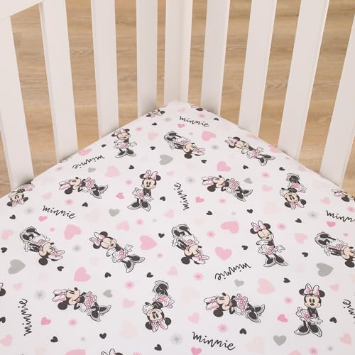 Disney Minnie Mouse My Happy Place Pink, Black, Gray, and White 100% Cotton Nursery Fitted Crib Sheet - color: Minnie Mouse - My Happy Place