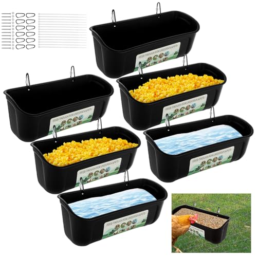 6 PCS Black Goat Feeder Hanging Pig Feeder with Clips 5 Quart Chicken Feeder Trough Poultry Feeder Hanging Goat Mineral Feeder Chicken Coop Feeder and Waters for Livestock, Pets, Poultry - color: Black