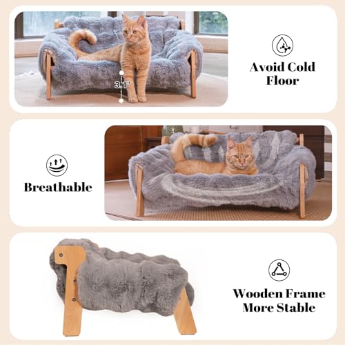 Elevated Cat Couch Bed Wooden Raised Kitty Sofa Lounge Chair | Washable Fluffy Cover Wooden Elevated Pet Furniture for Indoor Cats and Puppy(Dark Grey) - color: Cat Sofa-Dark Grey(Blue)
