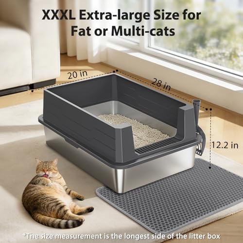 FURTIME Stainless Steel Cat Litter Box, Extra Large Cats Metal Litter Box | High-Sided Open-Top Easy-Clean Litter Pan for Multi-Cat Home, Non-Stick, Anti-Leakage, Comes with Scoop & Mat, 28"×20"×12.2" - color: Grey, size: XXX-Large