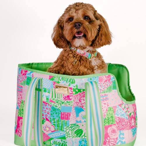 Lilly Pulitzer Small Pet Carrier 60lb Capacity, Crazy Quilt Home | Soft Sided with Removable Padded Insert, Shoulder Straps, Open-Top with Gold Buckle Closure & Safety Clip & Exterior Pocket