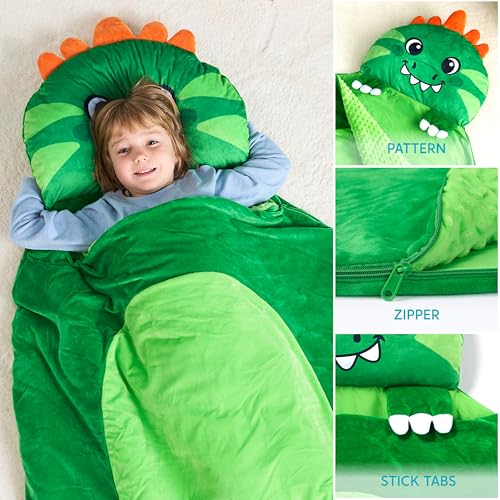 JOIEDOMI Kids Sleeping Bag 4 5 6 Year Old Girl Gifts Toddler Nap Mat with Pillow & Blanket 60" x 39" for Kids Ages 3+ Soft Plush Sleeping Mat for Preschool and Boys Girls - color: Green Dinosaur