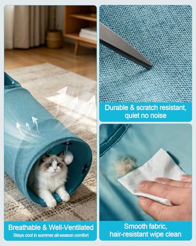Cat Tunnel, 3 Straight Shaped Tunnels 6 DIY Shapes with Wand Toys, No Noise Scratch Resistant Cool Linen Fabric, Interactive Pet Tunnel Tube for Indoor Cats, Puppy and Rabbits - color: Blue