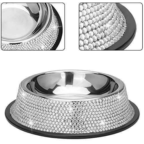 SAVORI Bling Dog Bowls White, 640ML Handmade Bling Rhinestones Stainless Steel Pet Bowls Double Food Water Feeder for Puppy Cats Dogs - Set of 2 - color: Silver