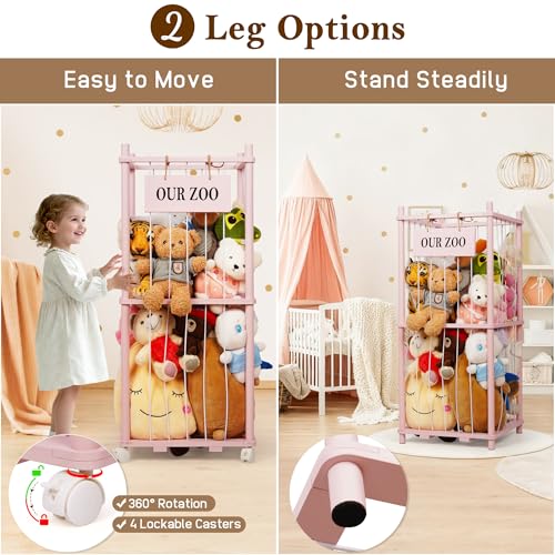 Stuffed Animal Storage Zoo, Wooden Stuffed Animal Organizer with Wheels | Stuffy Storage with Upgraded 5-Row Elastic Cords, Space-Saving Plush Toy Storage Holder for Playroom, Bedroom, Nursery - color: Pink, size: Small