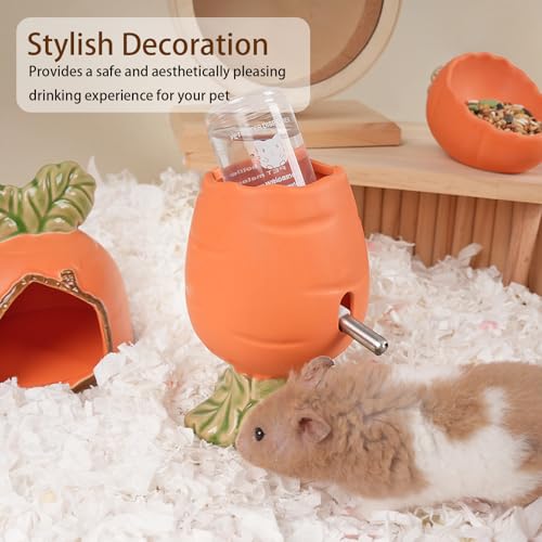 80ML No Drip Ceramic Hamster Water Bottle for Glass Tank, Stable | Cute Carrot Shape Chew Proof Ceramic Water Dispenser, Heavy Duty Stand Holder for Syrian Dwarf Hamster, Mice, Rat - color: Orange